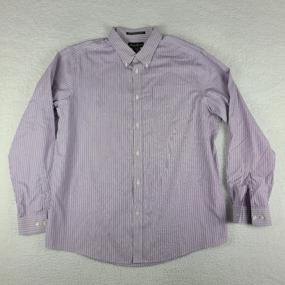 Eddie Bauer Dress Shirt Mens XL Purple Striped Wrinkle Resistant Relax Button Up